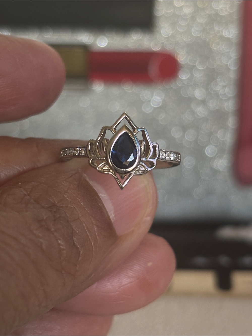 Sterling Silver Teardrop Sapphire-Color Ring with Accent Stones - Picture 7 of 7
